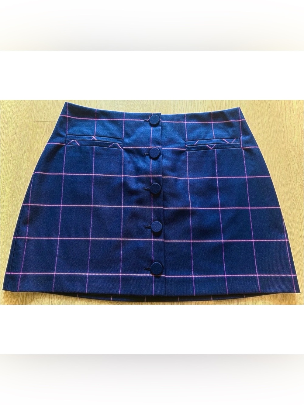 NWT Trina Turk Navy Pink Plaid Button Front Mini Skirt Size 8